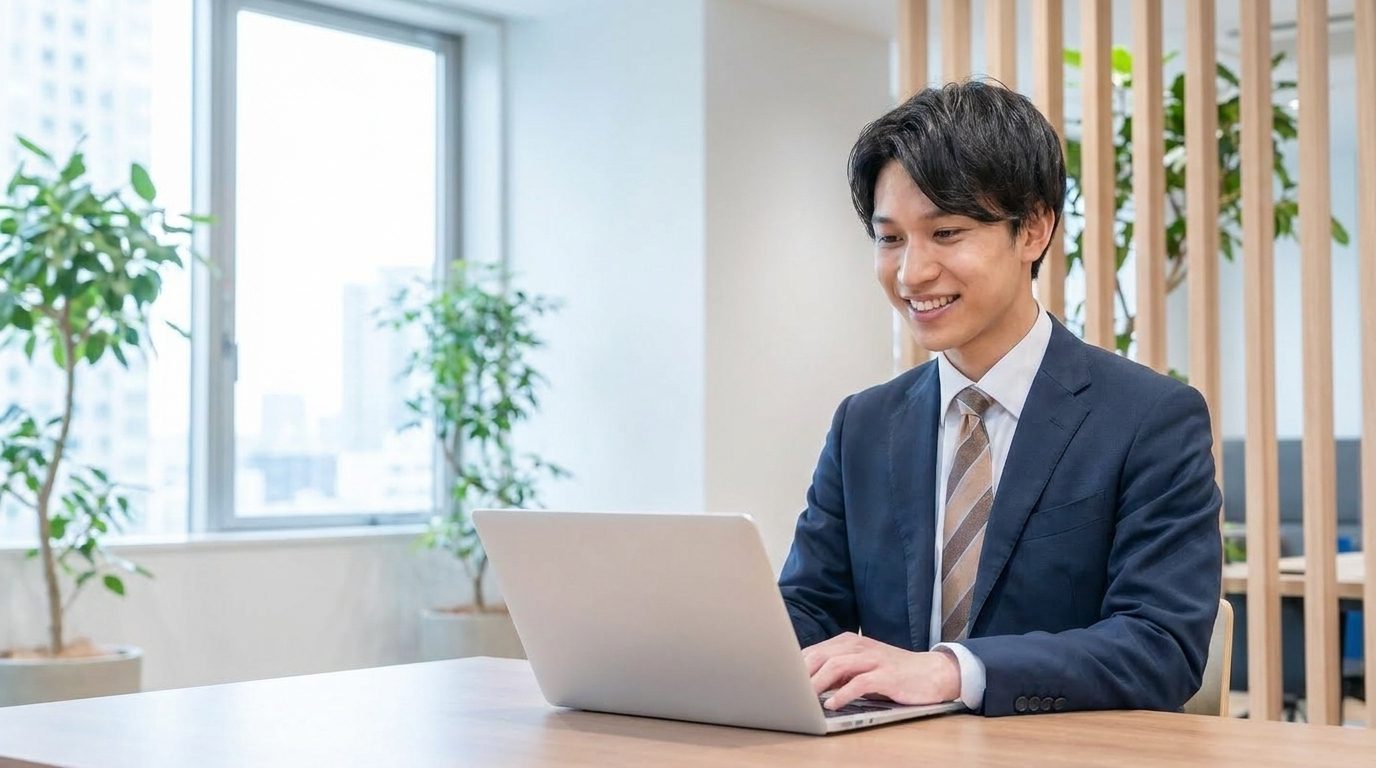 明るいオフィスで笑顔でノートPCに向かう若手ビジネスパーソン